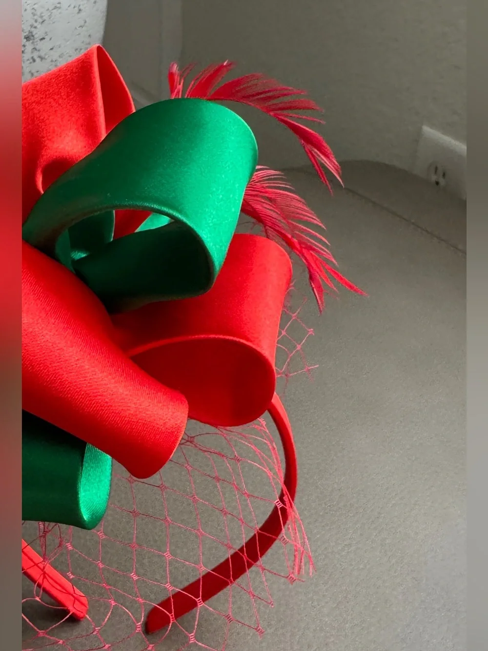 Red and Green Feathered Satin Bow Fascinator